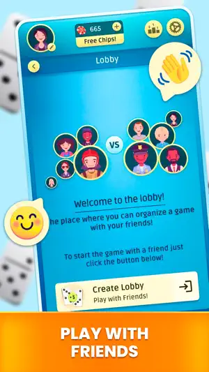 Friends Lobby screen with a Create Lobby button and a 665-chip balance