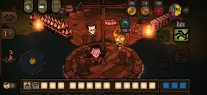 Wilson at a campfire in autumn beside a science machine, inventory bar along the bottom