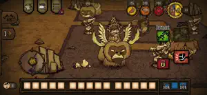 Fighting a giant owl-like boss beside a stone base