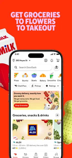 Home screen with category chips and grocery stores listing fees