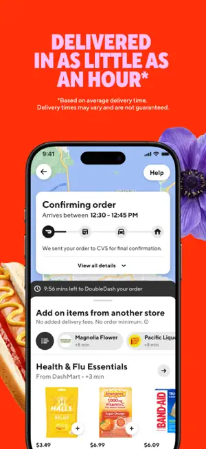 Order confirmation with a 12:30 to 12:45 delivery window and add-ons