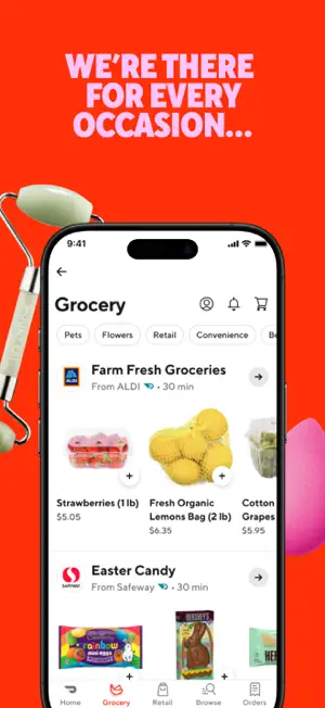 Grocery tab with supermarket items priced and a 30-minute estimate