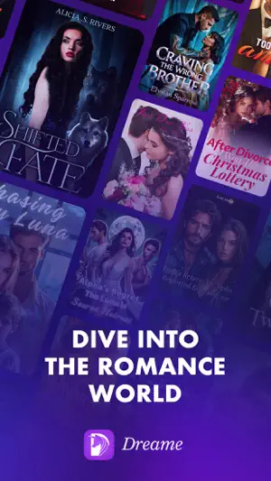 Dreame promo banner reading Dive into the romance world over a wall of werewolf and romance book covers