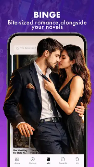 BINGE promo for bite-sized romance above the bottom tabs Library, Discover, Mini, Rewards and Me