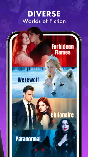 Diverse worlds of fiction banner with genre tiles labelled Forbidden Flames, Werewolf, Billionaire and Paranormal