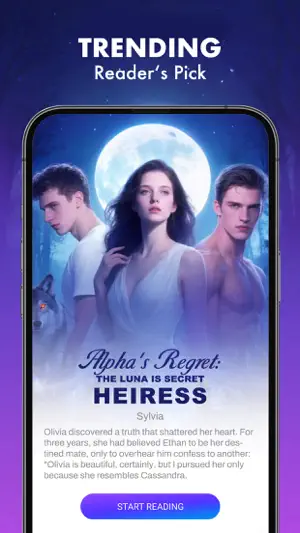 Book page for Alpha's Regret: The Luna Is Secret Heiress by Sylvia with a synopsis and a Start Reading button