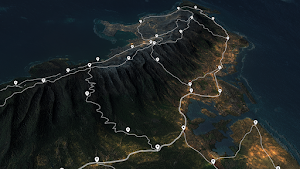 The connected road map with routes drawn across a mountainous island
