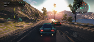 Racing through a sunlit mountain pass with a speedometer at top right