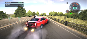 A red coupé sliding on a highway with the sun through the trees