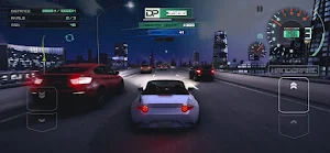A white roadster in night-time city traffic with a dashboard view