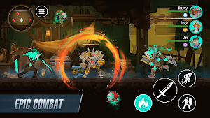 A green-glowing hero slashing an armoured enemy in a dark cavern — Epic Combat