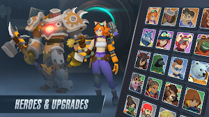 A hero and a giant golem beside a roster grid — Heroes & Upgrades
