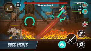 A boss fight against the Phantom Guard over a pit of fire — Boss Fights