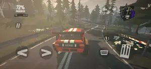 A red-and-white rally car sliding through a forest stage at 72 percent progress with the touch controls
