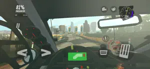 Cockpit view through a rally car's windscreen on a dusty road with a pace-note arrow