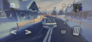 A white hatchback drifting through a snowy village stage at 32 percent progress