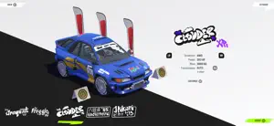 A blue rally car on a showroom floor beside a purple team sticker and stats