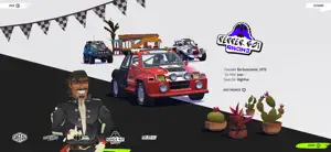 A driver in a cap beside a red rally car and a team logo