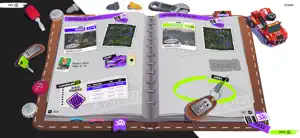 A scrapbook page with stage maps, stickers and a tuning kit