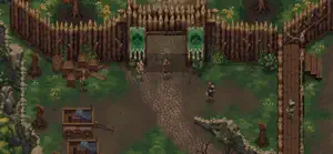 A palisade gate with green banners at the edge of a forest camp