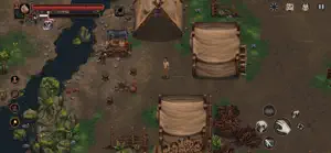 A riverside camp with tents, a campfire and the hero's health bar at top left