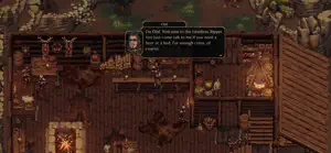 Inside a torch-lit tavern with a dialogue box from the innkeeper