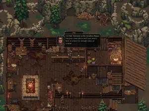 A wider view of the tavern interior with a hearth and wooden floors