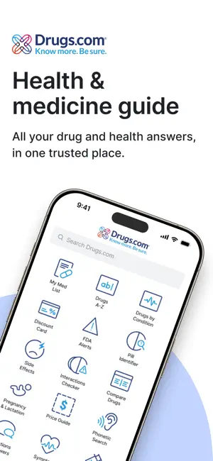 Drugs.com home screen grid with My Med List, Drugs A-Z, Discount Card, FDA Alerts, Pill Identifier and Interactions Checker icons