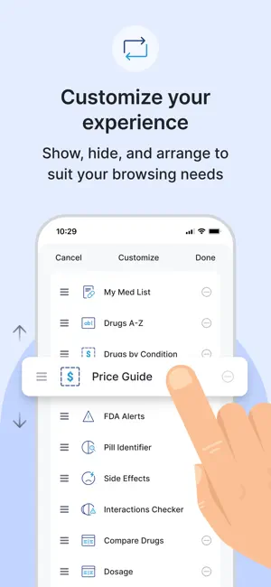 Customize screen with Price Guide being dragged to a new position among the Drugs.com home sections