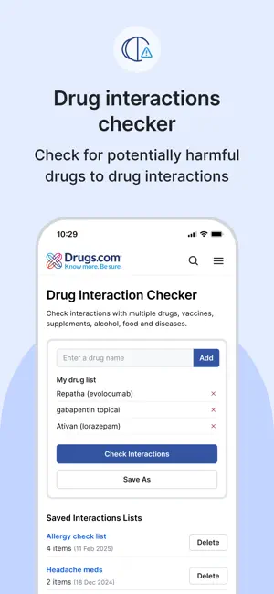 Drugs.com Drug Interaction Checker with Repatha, topical gabapentin and Ativan listed above two saved interaction lists