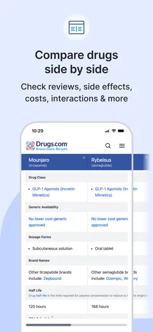 Side-by-side comparison of Mounjaro and Rybelsus showing drug class, generic availability, dosage forms and half-life