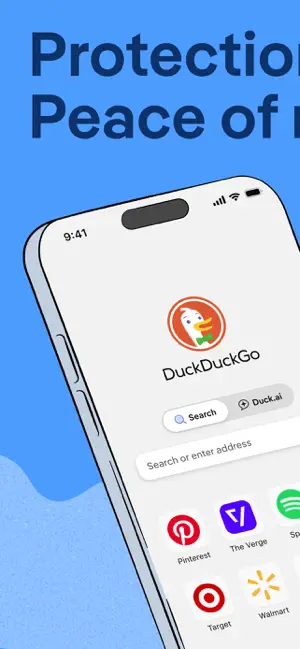 DuckDuckGo start page on an iPhone with Search and Duck.ai tabs above the address bar and shortcut tiles for Pinterest, Spotify and Walmart