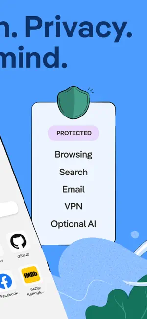 Protected checklist card listing Browsing, Search, Email, VPN and Optional AI beside shortcut tiles for GitHub, Facebook and IMDb