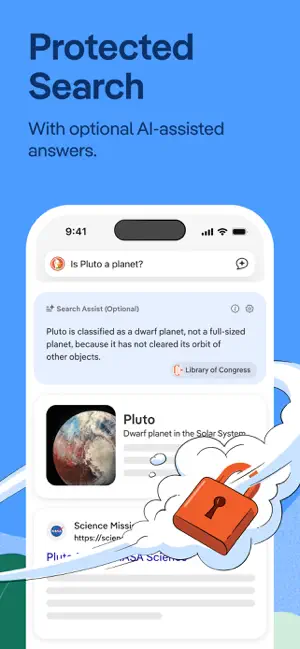 Search results for "Is Pluto a planet?" with an optional Search Assist answer above an encyclopedia-style panel