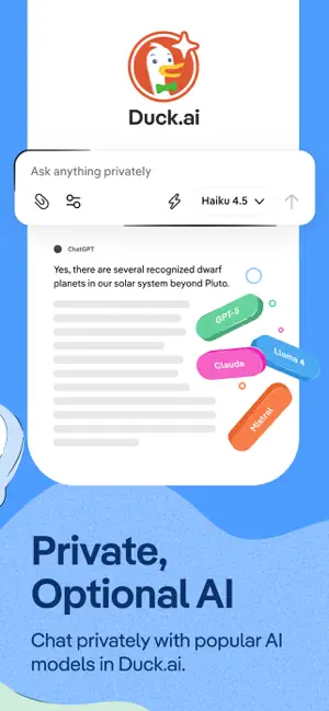 Duck.ai chat box reading "Ask anything privately" with a Haiku 4.5 model selector and floating GPT-5, Claude, Llama 4 and Mistral labels