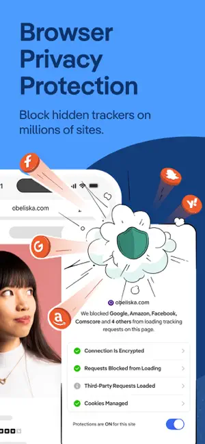 Tracker panel saying Google, Amazon, Facebook, Comscore and 4 others were blocked, with rows for encrypted connection and managed cookies