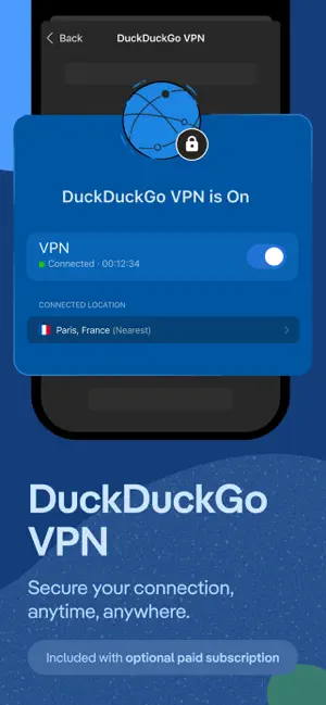 DuckDuckGo VPN screen showing Connected with a 00:12:34 timer and Paris, France as the nearest location