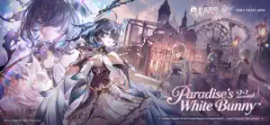 Key art of a dark-haired character in a gothic gown before a cathedral at dusk, titled Paradise's 22nd White Bunny