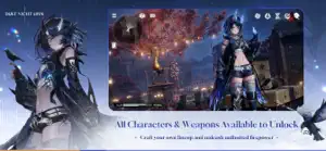 A blue-haired swordswoman beside a night-town scene, captioned all characters and weapons available to unlock