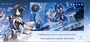 A character mid-combo against an ice-blue enemy, captioned exhilarating hack-and-slash battles