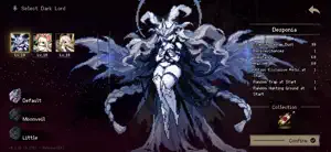 The Select Dark Lord screen with a horned, veiled figure and stat panel