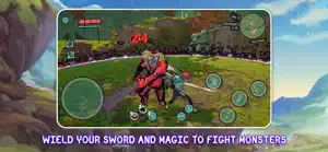 Sword combat with touch buttons against a horned monster on a meadow — Wield Your Sword and Magic