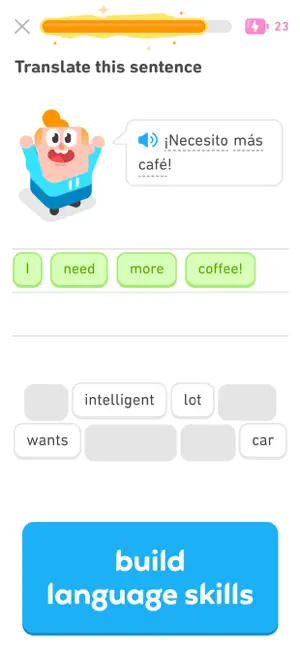 Sentence rebuilt from word tiles with an energy counter above