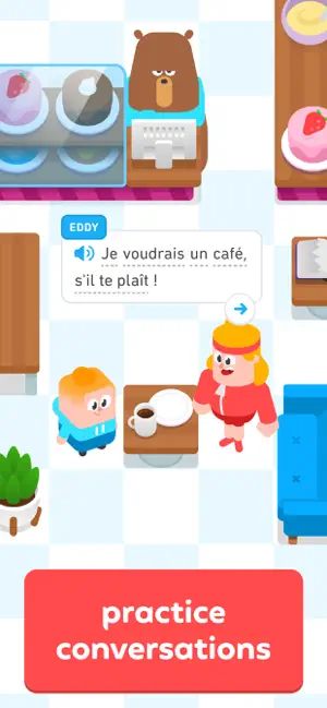 Café conversation scene with a French line to answer
