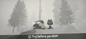 A cat in a hat standing beside a kei truck in a foggy pine forest — Try before you buy