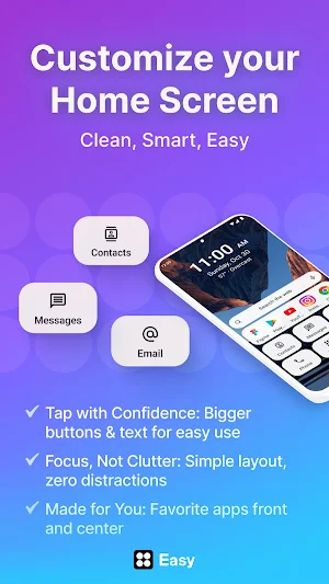 Promo with Contacts, Messages and Email tiles beside a phone showing the large-tile home screen