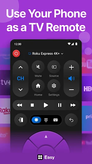 Universal TV remote paired with a Roku Express 4K+, with channel, volume, mute and playback buttons