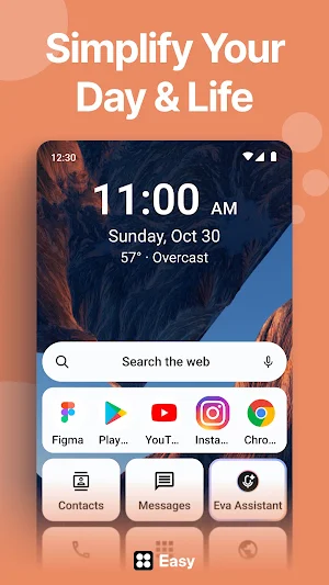 Home screen with a large clock, 57° overcast weather, a Search the web bar and Contacts, Messages and Eva Assistant tiles
