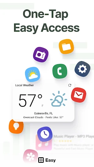 Local Weather card showing 57°F and overcast clouds in Gainesville, FL, surrounded by shortcut icons