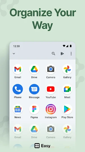 App list grid with Gmail, Drive, Camera, Gallery, Phone, YouTube, Meet and Play Store icons